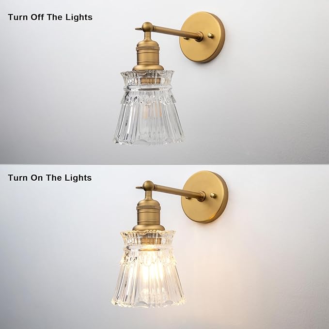 Yosoan 1-Light Vanity Indoor Wall Sconce, Brass Vintage Industrial Single Modern Light Hardwired Fixture Lamp with Petal Stripes Glass Shade for Bedroom Bathroom Kitchen Living Room Hallway(Antique)