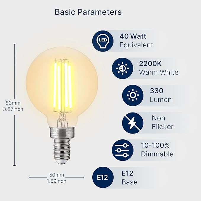 FLSNT G16.5 Dimmable LED Candelabra Bulbs 40W Equivalent, LED E12 Chandelier Light Bulbs, 330LM, CRI82, 4W, AC 120V, 6 Pack, 2200K Warm White
