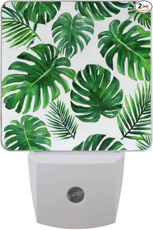 Vdsrup Summer Palm Leaves Night Light Set of 2 Tropical Jungle Plug-in LED Nightlights Auto Dusk-to-Dawn Sensor Lamp for Bedroom Bathroom Kitchen Hallway Stairs