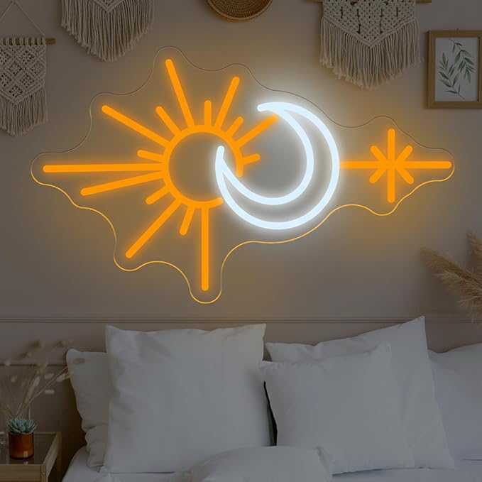 Sun and Moon Neon Sign, Boho Celestial LED Wall Light for Bedroom or Living Room, Spiritual Decor for Women and Teens, Nature-Inspired Neon Wall Art Gift
