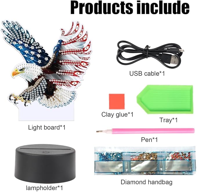 Flag Eagle Diamond Art Painting Night Light,Diamond Art Painting Kits Desktop Touch Lamp Ornaments for Tabletop Decor Diamond Art Accessories for Adult Beginner Bedrooms Living Room
