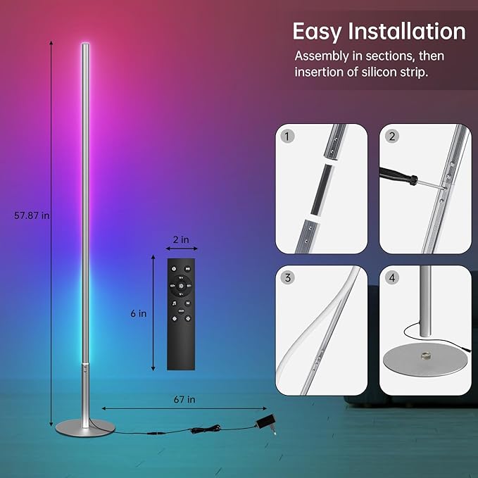 Marlrin RGBW Floor Lamp, Color Changing Standing LED Corner Lamp, Modern Lamp with Music Sync, Compatible with Alexa，Wi-Fi APP and Remote Control, 57.8" Floor Lamp for Living Room and Bedroom, Silver
