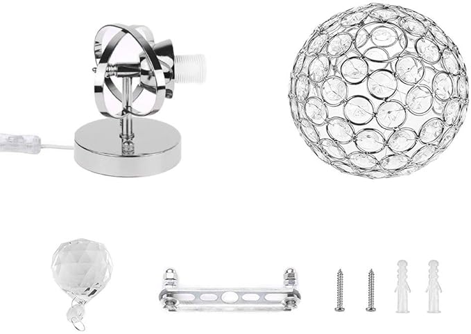 Round Modern Crystal Wall Light Chrome Finish Bedroom Wall Sconce Lighting Fixture with Plug and Cord Switch, E26 Socket