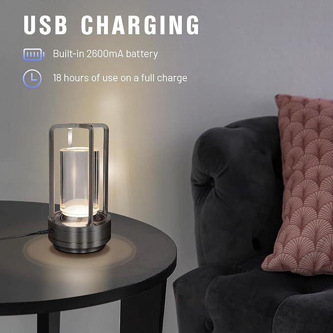 Cordless Table Lamp for Outdoor Indoor, Portable Rechargeable Battery Powered LED Crystal Lantern Lamp, 3 Color Touch Control Stepless Dimming, Small Desk Light for Restaurant Home (Black)