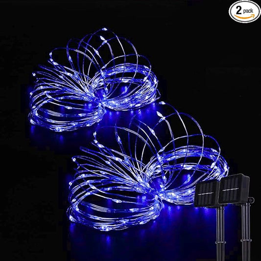 2 Pack 33ft 100 LED Solar Copper String Lights,8 Modes Christmas Fairy Lights Waterproof IP65 Twinkle Lighting Indoor Outdoor Fairy Firefly Lights Auto ON/Off (Blue)