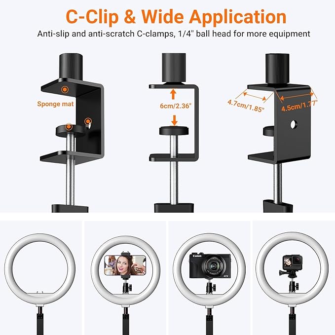 APEXEL 10" Ring Light for Desk, Ring Light with Stand and Phone Holder, Overhead Camera Mount with C-Clamp, 360° Rotate & Adjust Arm for Photography/Makeup/Live Stream Video/YouTube