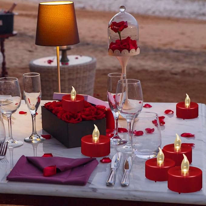 Flameless LED Tea Lights Candles, Battery Operated Flickering Fake Candles Bulk,50 Pack Powered Votive Electric Tealights Long Lasting 200H+ Bright Red Lamp for Seasonal and Festive Decoration