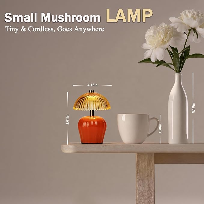 MJ PREMIER Small Cordless Lamp, Battery Operated Lamp with Timer, Mini Crystal Glass Mushroom Lampshade, Cute Small Table Lamps, Decorative Led Light for Bedroom Living Room Shelf (Orange)