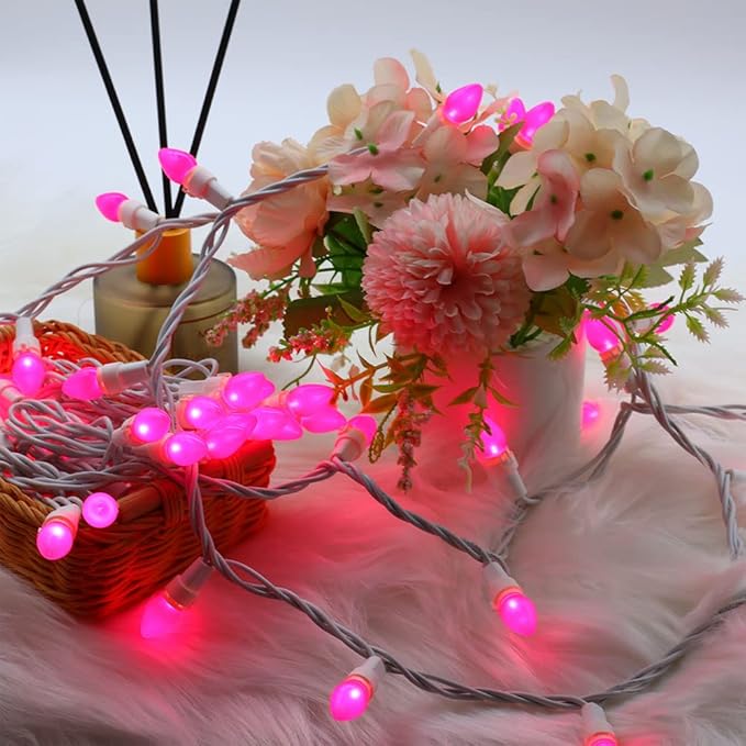 Christmas Pink Mini String Lights-50 Count 13 Feet Detachable LED Glass C3 Bulb Waterproof Fairy Lights Plug in for Indoor Outdoor Party Patio Xmas Tree Valentine’s Day White Wire