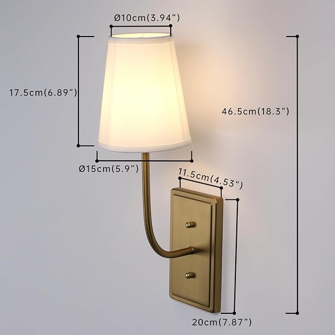 Farmhouse Brass Wall Sconce 1-Light, Linen Fabric Shade Wall Lamp Hardwired Indoor Wall Light for Bedroom Living Room Vanity Bathroom (White Cloth 2-Pack)