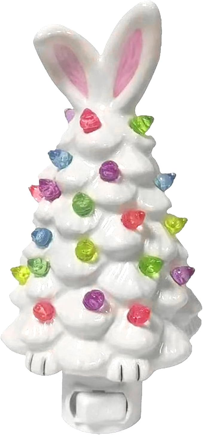 Easter Bunny Tree,Bunny lamp,Glowing Bunny Imitation Ceramic Tree,Resin Bunny Figurine with Colorful Lamp,Light Up Tree with Rabbit Ears,Easter Night Light for Home Decorations (F)