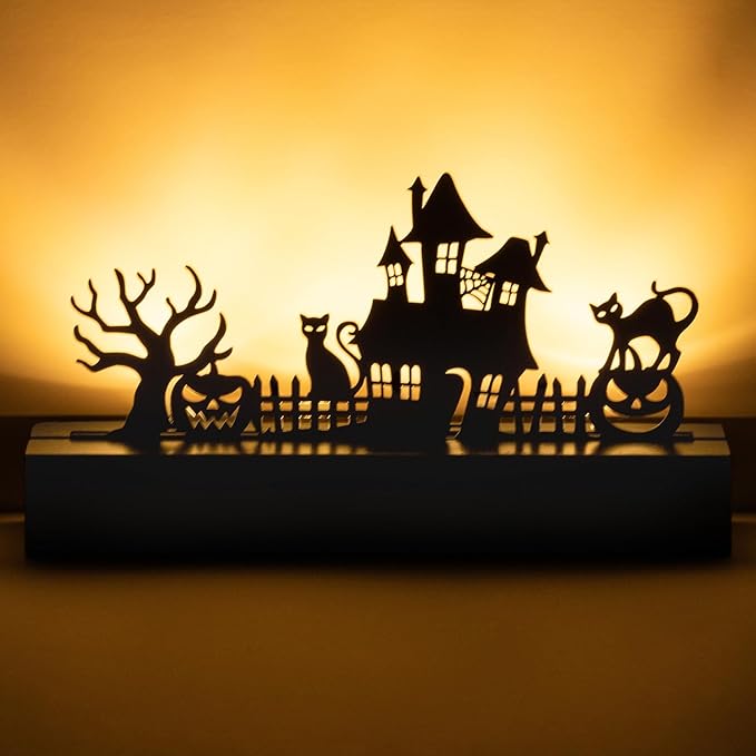Halloween Table Decor Led Lights Silhouette Decoration Metal Horror Pumpkin Battery Operated Indoor Decoration for Tabletop,Party, Home, Window
