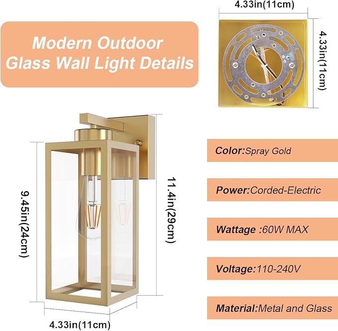 Tipace Outdoor Wall Lantern 2 Pack Gold Exterior Wall Sconce with Clear Glass Shade Wall Mount Lights for Entryway,Porch,Doorway(Bulb Not Included)