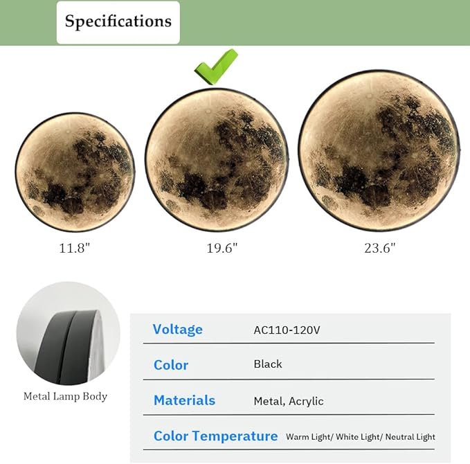 Modern Moon Wall Sconce Lighting, Dimmable Nightlight with Remote Control, Plug in Wall Lamp, Decorative Moon Light for Nursery Bedroom Living Room (19.6 inch)