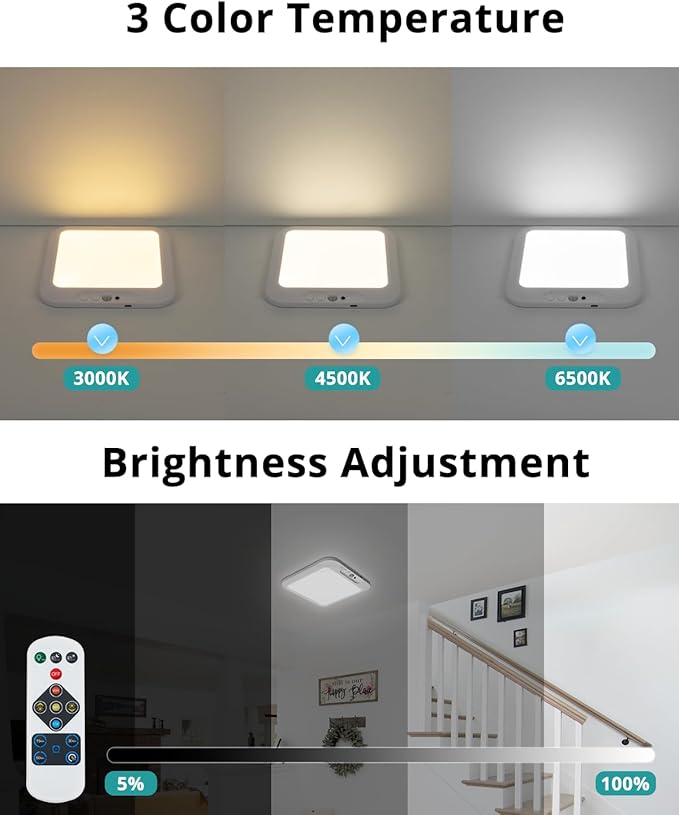 wowatt 2Pcs Rechargeable Battery Operated Ceiling Light, Motion Sensor Light Indoor Wireless Shower Lamp with Remote 3000K 4500K 6500K Dimmable Timing for Closet, Shower, Hallway, Patio