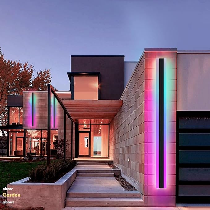 Outdoor Long Strip Modern LED Wall Lighting Fixture Lamps, RGB LED Light Strip,UL MW Driver,Elegant Frosted White Acrylic, Black Aluminum Body IP65 Waterproof Anti Rust(RGB, 95inch)