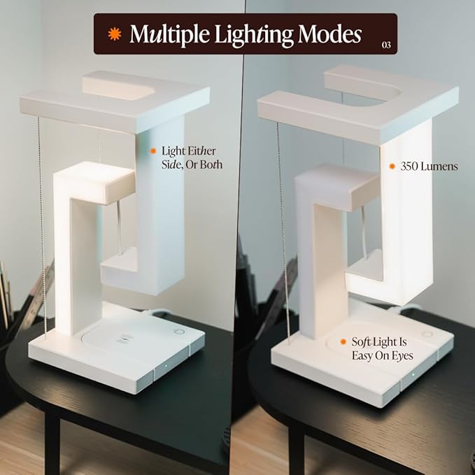 Floating Desk Lamp - Levitating Table Lamp with Wireless Charging and Touch Control Adjustable Lighting Modes - Unique Desk Decor for Office, Bedroom and Living Room - Floating LED Desk Lamp by Tovas