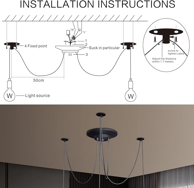 Fuloon Vintage Edison Multiple Ajustable DIY Ceiling Spider Lamp Light Pendant Lighting Chandelier Modern Chic Industrial Dining Without Romote Control (3 Head Cable 200cm/78.7inch) (3 Head)