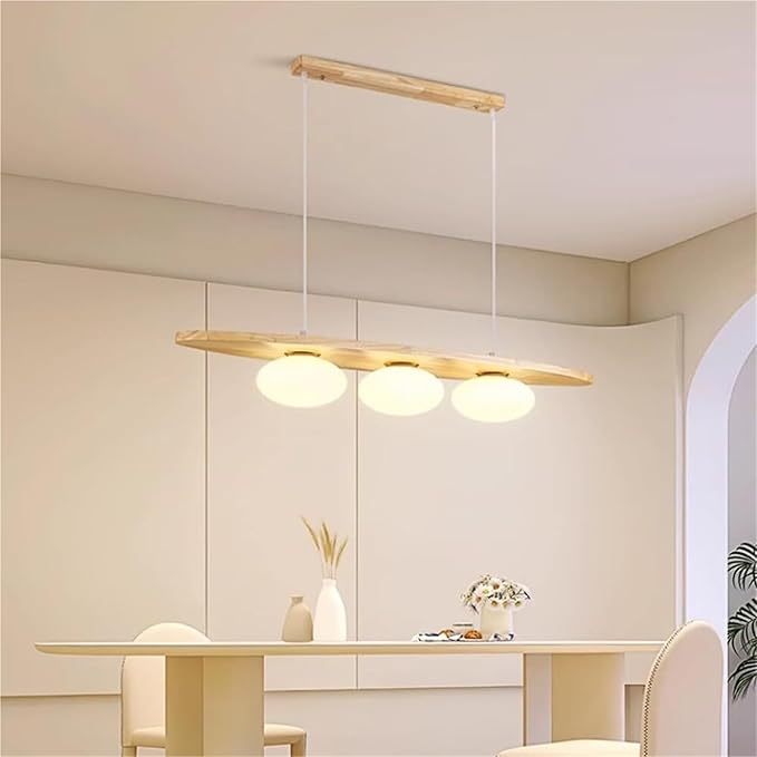 Scandinavian Modern Wood Pendant Light, 3-Light Linear Hanging Fixture with White Glass Globes for Dining Room Kitchen Island, Wood Finish, Adjustable(Wood Color)