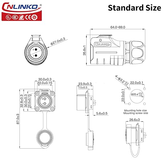 CNLINKO LP-20 Industrial Waterproof Connector IP68 Circular Connector Quick Plugging Aviation Connector Anti-Interference Shell Fast Release Connector M20 2-12 Pin Flange Socket (7 Pin)