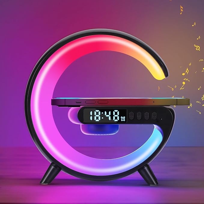 DEECOZY Mini Wireless Charger Atmosphere Lamp, Bluetooth Speaker LED Table Lamp, 10 Lights Mode Dimmable Night Light Bedside Lamp Alarm Clock with Music for Christmas Birthday Valentines Day Gifts