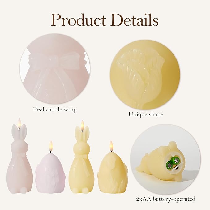 WDS WONDROUS Easter Flameless Candles Set of 4, LED Bunny & Egg Candles with Floral Embossed Design, Pink & Yellow Battery Operated Candle for Home Decor, Gift for Women, Mom, Easter Decor