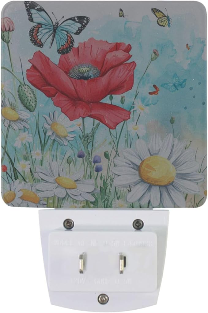 Vdsrup Spring Butterfly Bee Night Light Set of 2 Summer Poppy Flowers Nightlights Daisy Dragonfly Plug-in LED Nightlight Auto Dusk-to-Dawn Sensor Lamp for Bedroom Bathroom Kitchen Hallway Stairs
