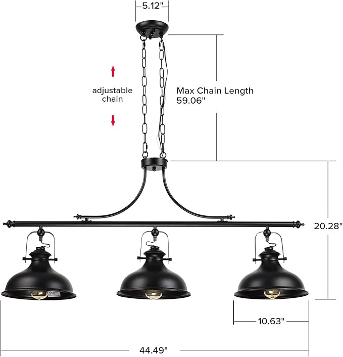 GZBtech Vintage 3-Light Pendant Lighting Fixture, 59.06'' H Adjustable Rustic Hanging Billiard Light Over The Pool Table, Industrial Black Metal Chandelier for Dinning Room Kitchen Island, UL Listed