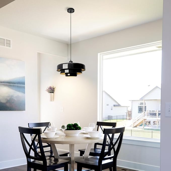 Black Mid Century Pendant Light, 59" Adjustable Hanging Cord with 3-Layer Metal Shade, Modern Chandelier for Dining Room, Kitchen Island, and Bedroom