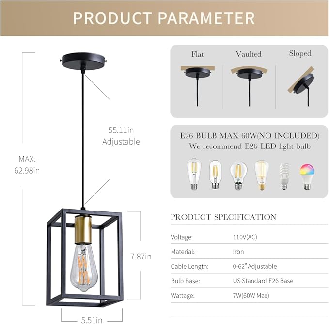 2 Pack Farmhouse Black and Gold Pendant Lights, Hanging Lamps for Living Room Entryway Foyer Indoor, Cage Lantern Kitchen Island Dining Room Light Fixture, Modern Matte Black Industrial Iron Light