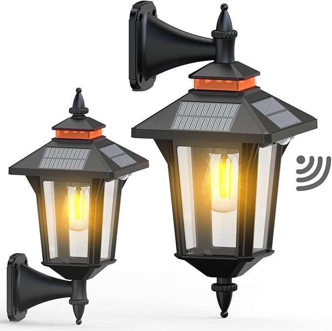 2 Pack Solar Wall Lantern Lights Outdoor with 3 Lighting Modes, Motion Sensor Wall Sconce, Dusk to Dawn LED Exterior Front Porch Lights Fixtures Wall Mount Waterproof for Garage House Doorway Yard