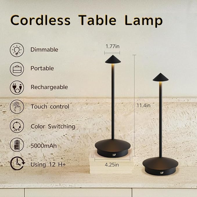 2 Pack Aluminum Cordless Table Lamp, 6000mAh Rechargeable Table Lamps, Portable Touch LED Lamp, Outdoor Waterproof Dimmable Cordless Rechargeable Table Lamps for Restaurant/Patio- Black (BK-Black)