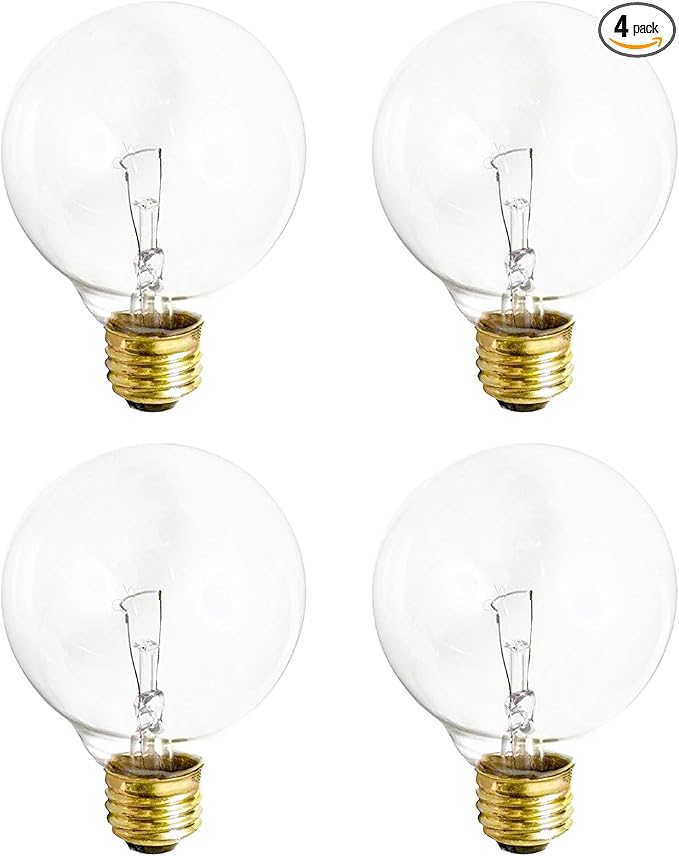 (4 Pack) G25 Globe Light Bulbs – 25W Incandescent, 2700K Soft White, E26 Base, Dimmable – Crystal Clear Vanity Bulbs for Bathroom, Mirror, Pendant Fixtures