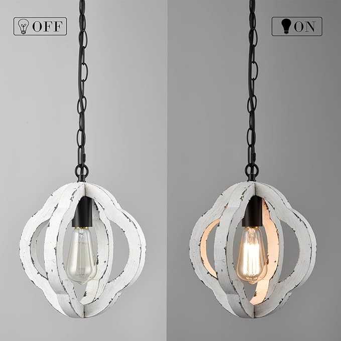 SAMTEEN Farmhouse Wooden Pendant Light Distressed White Wood Chandelier Lighting Modern Wooden Pendant Light Fixtures for Kitchen Island Dining Room Bedroom