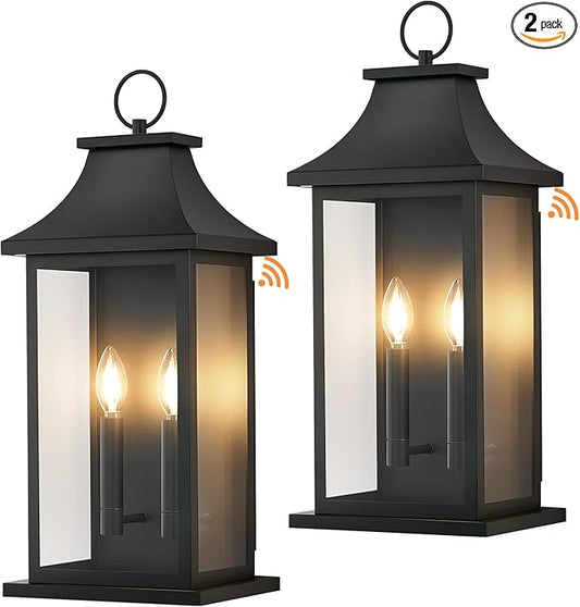 tewei 2-Pack Dusk to Dawn Outdoor Wall Lights, 22'' Porch Light Outdoor Wall Sconce Lantern, 2-Light Black Exterior Lighting Fixture Wall Mount, Outside Light for House Garage