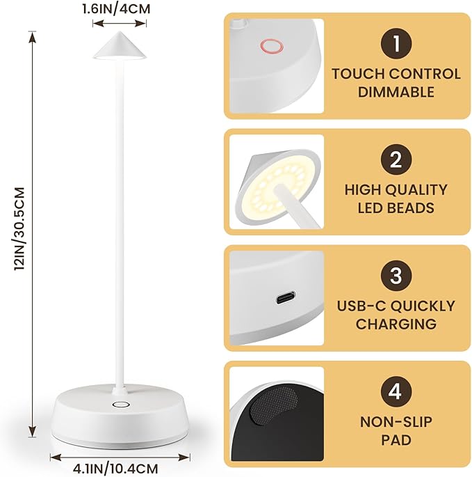 Cordless Table Lamps Rechargeable, 6000mAh LED Battery Operated Desk Lamp, Portable Outdoor Waterproof Touch Stepless Dimmable Wireless Table Light for Dining Restaurant Home Patio (White-1PC)