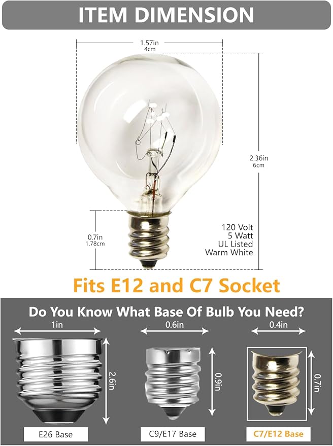 SUNSGNE Clear Globe G40 Bulbs Replacement Screw Base Light Bulbs 1.5-Inch, 5 Watt - Fits E12 and C7 Sockets, 25 Pack