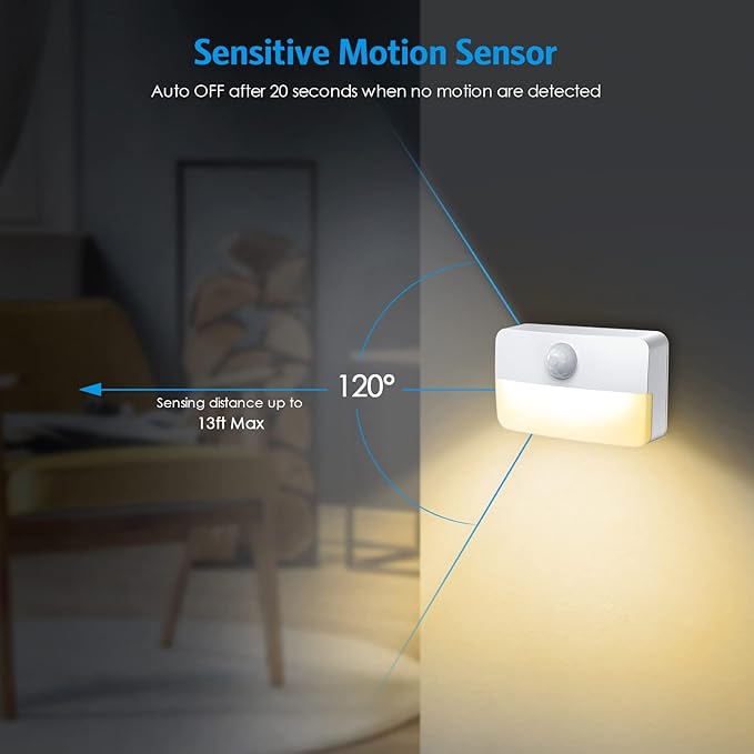 AMIR 4 Pack Mini Motion Sensor Stair Light for Indoor, Battery-Powered LED Night Light, 40 Lumen 3000K, Cordless Closet Lights, Safe Lights for Stairs, Hallway, Bathroom, Kitchen, Cabinet