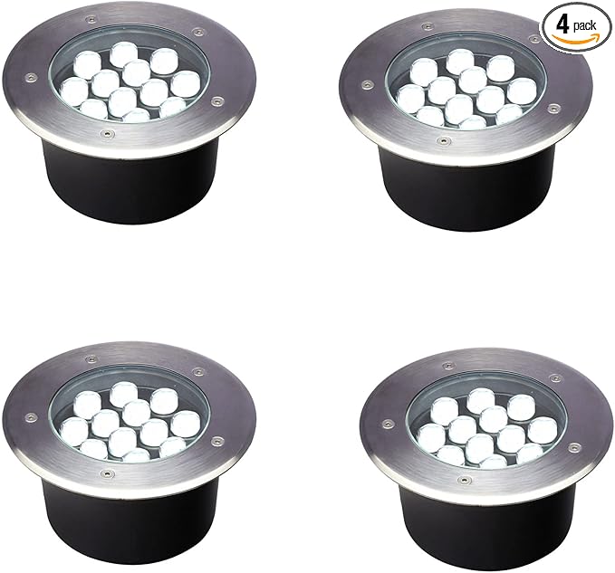 Outdoor Ground Lights 12W,High Voltage 110V 120V Well Light,Diameter 7 inches,Waterproof Landscape Lighting Wired,White 6500K,Recessed Tree Uplighting for Pathway,Walkway,Deck,Pack of 4