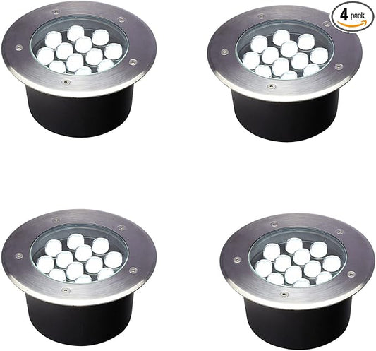 Outdoor Ground Lights 12W,High Voltage 110V 120V Well Light,Diameter 7 inches,Waterproof Landscape Lighting Wired,White 6500K,Recessed Tree Uplighting for Pathway,Walkway,Deck,Pack of 4