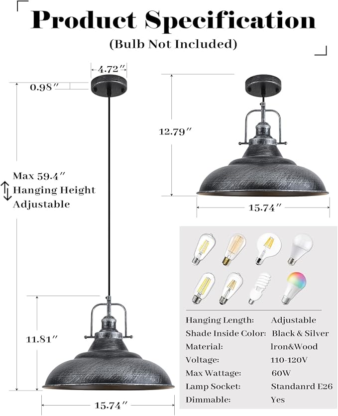 16 Inch Farmhouse Pendant Lights, Black and Silver Pendant Light Kitchen Island, Large Industrial Pendant Lights, Vintage Farmhouse Pendant Light for Kitchen Island, Dining Room (2 Pack)