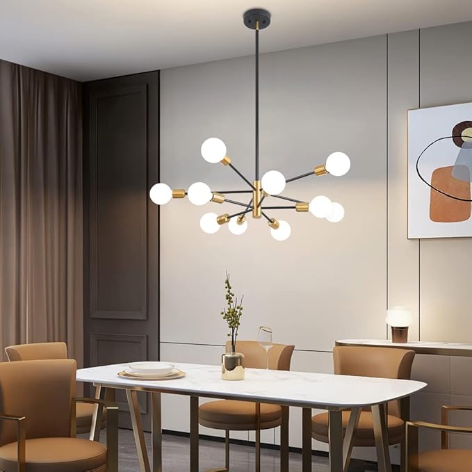 Sputnik Chandeliers Black and Gold Chandelier Modern Pendant Light Fixture Mid Century Industrial Ceiling Lighting 10 Lights for Dining Room, Kitchen, Bedroom, Living Room and Farmhoue