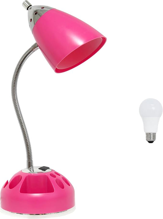 Simple Designs LD1015-PNK-LB 19.5" Flossy Organizer Desk Lamp with Charging Outlet Lazy Susan Base and LED Bulb, Pink