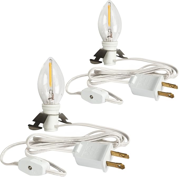 Dazzle Bright 2 Pack 6 FT Accessory Cord with LED Light Bulb E12 Socket White Cord with On/Off Switch Plug, C7 Candelabra Light Bulbs for Holiday Decorations, Christmas Village House, Pumpkin Lights