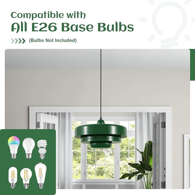 Green Mid Century Pendant Light, Adjustable Industrial Chandelier for Kitchen Island, Farmhouse Dining Room, Bedroom, Pantry Ceiling Hanging Light