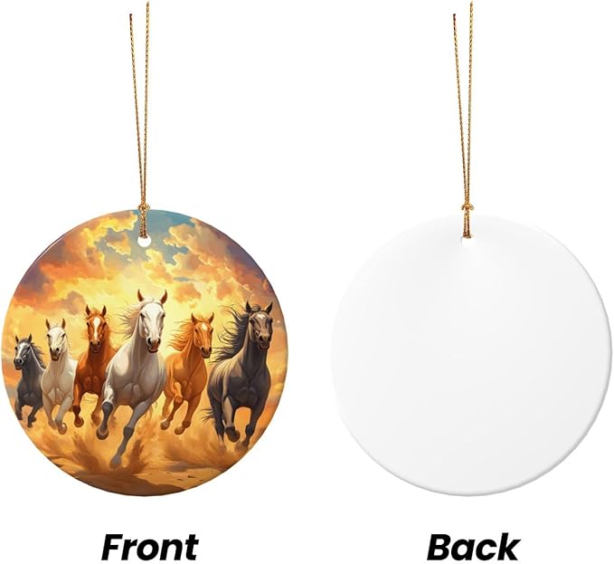 Cartoon Horse Running Christmas Ornaments, Christmas Decorations Xmas Tree Hanging Ornaments, Round Ceramic Festive Keepsake Gift for Xmas Decorations Holiday Home Decor