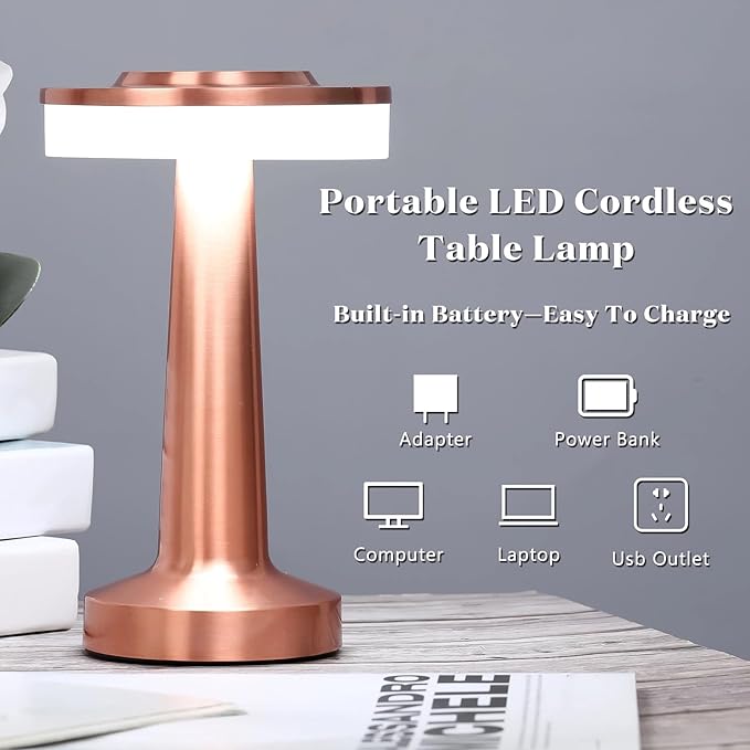 Riakrum 2 Pcs LED Portable Cordless Table Lamp with Touch Sensor 3 Color Stepless Dimming Rechargeable Battery up to 15 Hours Cordless Table Light Wireless Lamp for Nursery (Rose Gold)