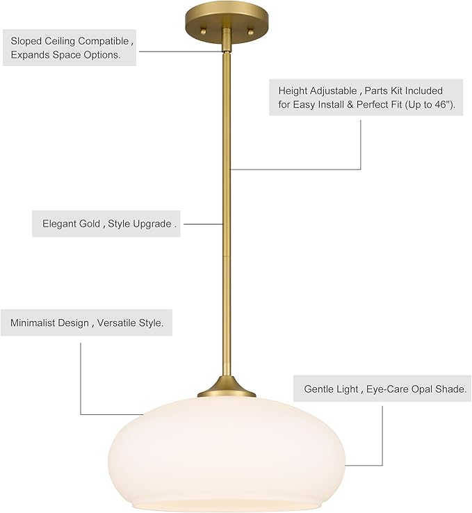 Juno Modern 1-Light Pendant Ceiling Light Fixture with Etched Opal Glass Shade for Kitchen Island, Hallway, Entryway, Passway, Dining Room, Bedroom, Balcony Living Room