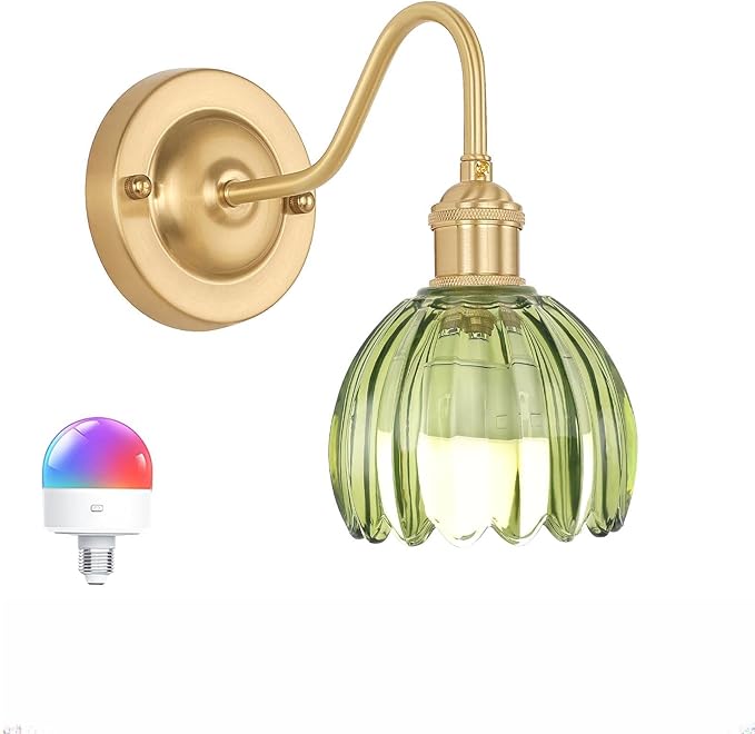 Vintage Battery Operated Wall Sconce, 5000mAh Rechargeable Wall Light, Indoor Battery Powered Wall Lamp for Bedside Bedroom Living Room, Tulip Green