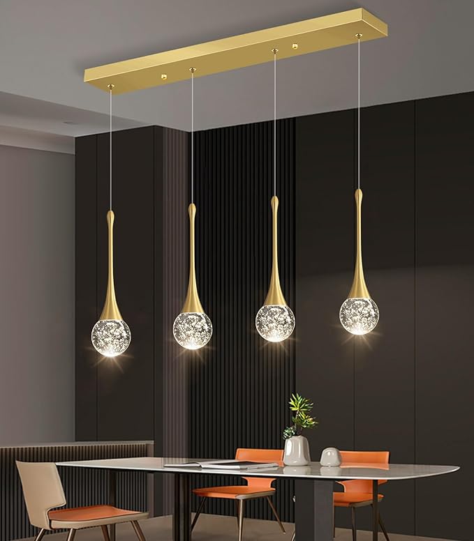4-Lights Modern Pendant Lights for Kitchen Island LED Dimmable Crystal Glam Ceiling Pendant Lighting Chandelier for Dining Room Hallway Bedroom Gold